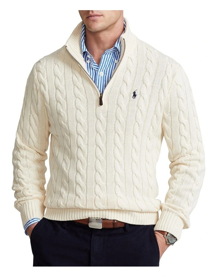 Polo Ralph Lauren Cable-Knit Cotton Quarter-Zip Sweater – Off White
